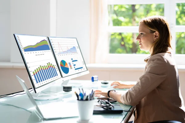 Analista Mulher Usando Business Data Analytics Painel Kpi — Fotografia de Stock