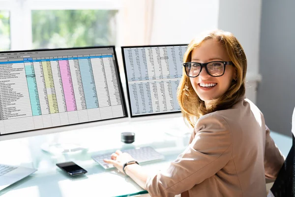 Funcionário Analista Trabalhando Com Planilha Computador — Fotografia de Stock