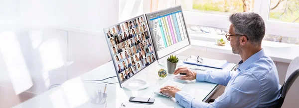 Online Office Training Course Multiple Monitor Screens — 스톡 사진