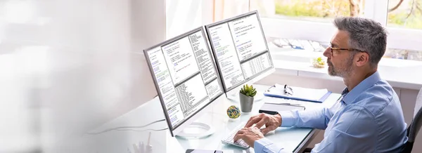 Programmer Office Working Multiple Computer Monitor Screens — Stock Photo, Image