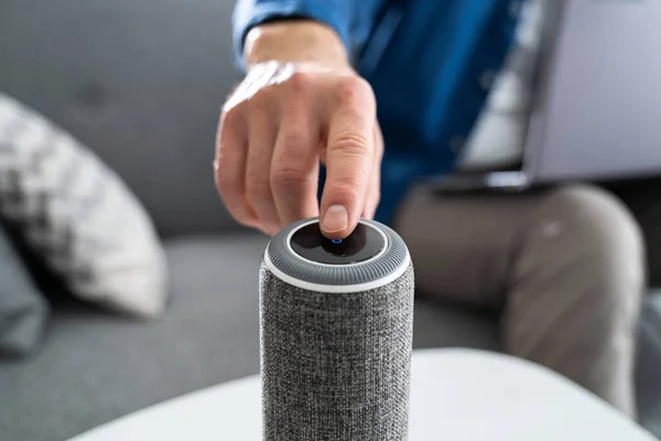 Using Smart Voice Assistant Wireless Mini Speaker — Stock Photo, Image