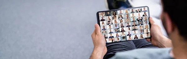 Virtuální Online Video Konference Webinar Call Tablet — Stock fotografie