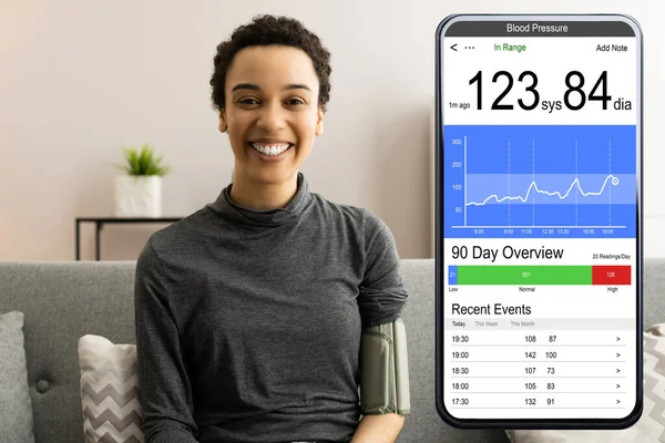 Blood Pressure Check Using Smart Monitor African Patient Woman — Stock Photo, Image