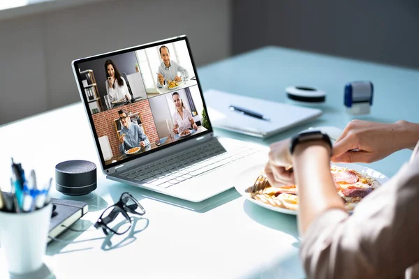 Virtual Office Video Conference Eating Party Atau Break — Stok Foto
