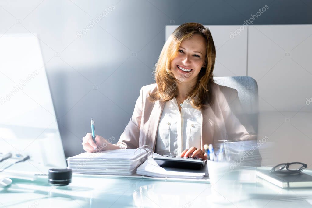 Professional Accountant Woman In Office Doing Accounting And Budget