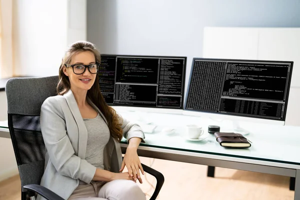 Programador Mujer Codificación Múltiples Pantallas Ordenador — Foto de Stock