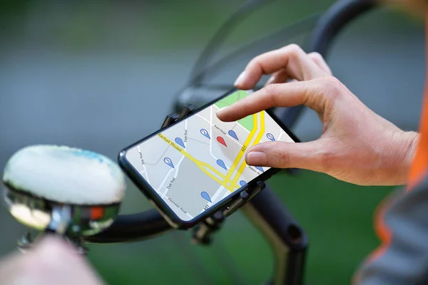 Bicycle GPS Navigator App With Map On Mobile Phone