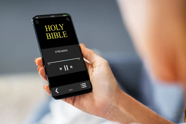 Woman Reading Bible Book Phone Praying — Stock Photo, Image