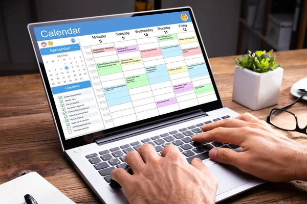 Exécutif Regardant Calendrier Sur Ordinateur Organiser Horaire Hebdomadaire — Photo