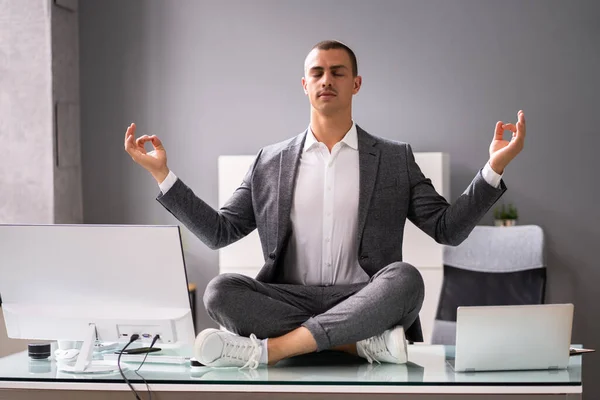 Yoga Meditation Exercise Office Male Business Man Meditating — Stock Photo, Image