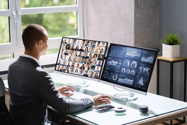 Assistir Reunião Videoconferência Line Escritório — Fotografia de Stock