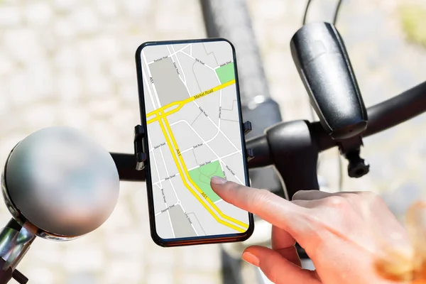 Fiets Gps Navigator App Met Kaart Mobiele Telefoon — Stockfoto