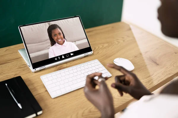 Teacher Hosting Online Class Using Video Conference Laptop — Stock Photo, Image