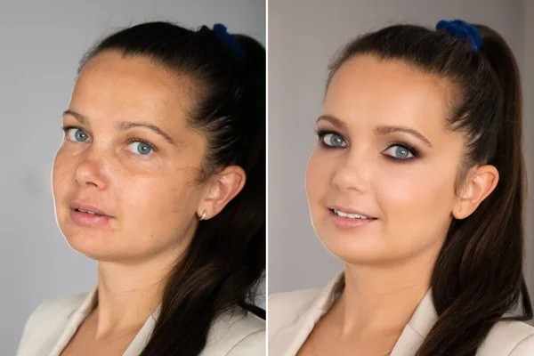 Kadın Yüzü Makyajı Öncesi Sonrası Karşılaştırma — Stok fotoğraf