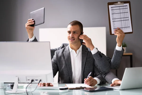 Happy Busy Business Man Multitasking Volumul Muncă Angajaților — Fotografie, imagine de stoc