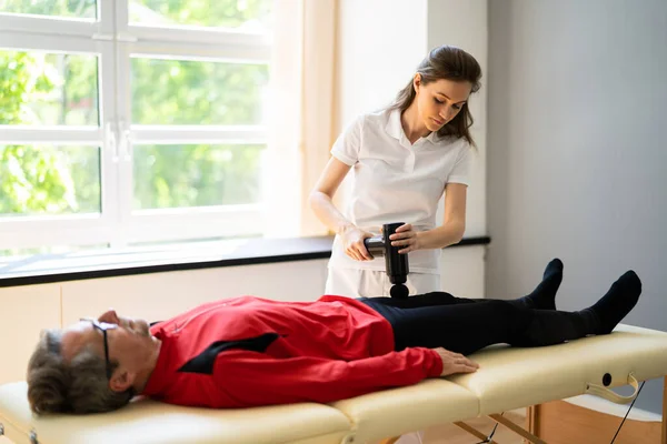 Massage Gun Legs Recovery Therapy Using Machine — Stock Photo, Image