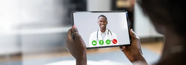 African Woman Doing Video Conference Doctor Digital Tablet — Stock Photo, Image