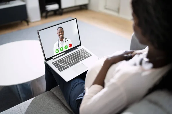 Pregnant African Women Doctor Video Call Laptop Home — Stock Photo, Image