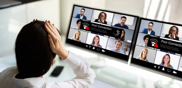 Reunión Virtual Videoconferencia Problemas Banda Ancha Conexión Rota Perdida —  Fotos de Stock