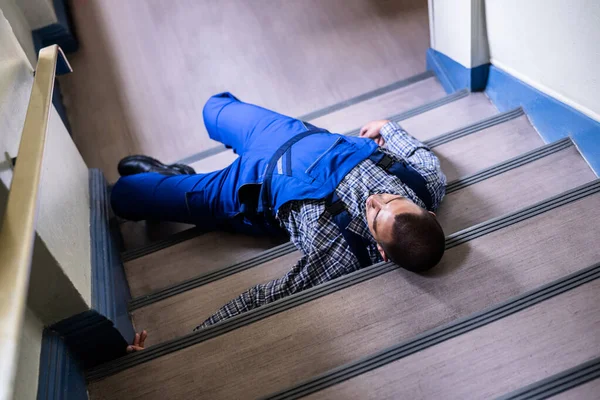 Worker Man Lying Staircase Slip Fall Accident — Stock Photo, Image