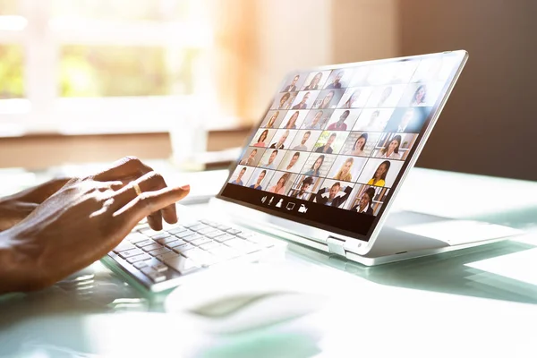 African American Watching Video Conference Business Webinar — Stock Photo, Image