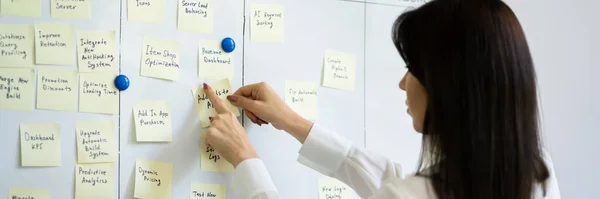 Kvinnan Skriver Klisterlappar Kanban Project Board — Stockfoto