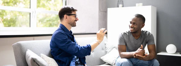 Couple Using Sign Language Deaf African American Sofa — Stock Photo, Image