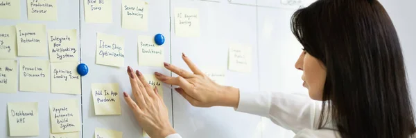 Projektledare Med Kanban Metodik Scrum Styrelse Whiteboard — Stockfoto