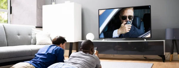 Gay Couple Watching Movie Living Room — Stock Photo, Image