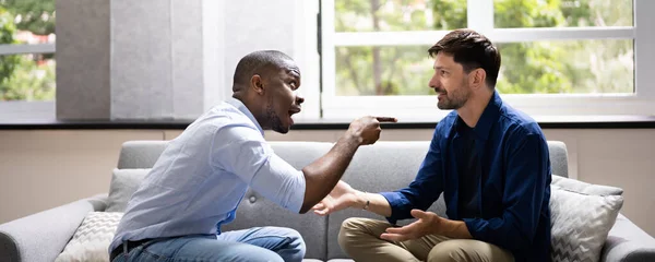 Gay Couple Fighting Each Other Frustrated Men Arguing — Stock Photo, Image