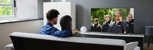Gay Couple Watching Movie Living Room — Stock Photo, Image