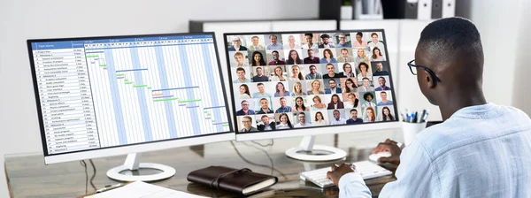 Virtuelle Konferenz Agenda Auf Bürocomputern Videokonferenzen — Stockfoto