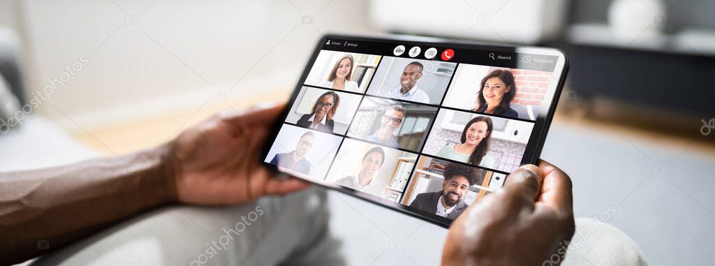 Online Video Conference Webinar On Tablet Computer. Business Videoconference