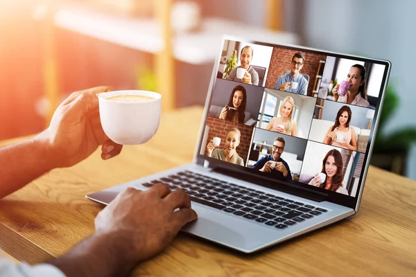 Virtuele Videoconferentie Call Koffie Drinken Break — Stockfoto