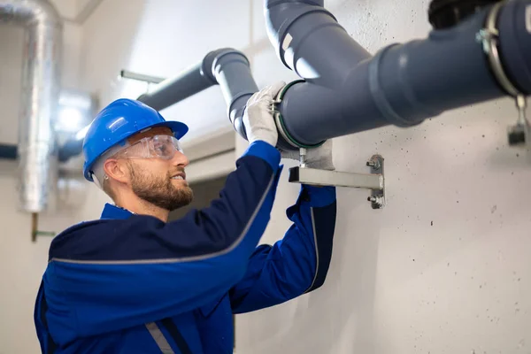 Pvc Water Pipe Inspection Construction Worker — Stock fotografie