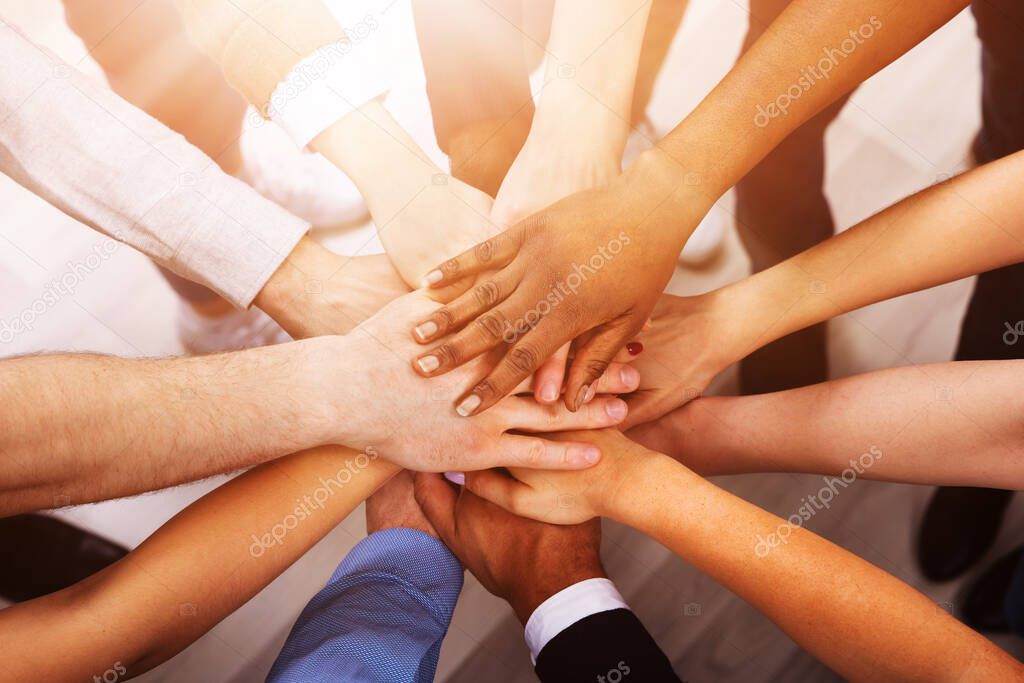 Professional Business Team Huddle And Hands. Diverse Group Management