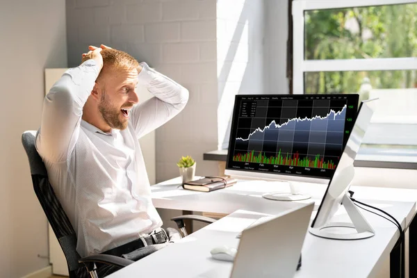 Excited Stock Market Broker Watching Screens Trading — Stock Photo, Image