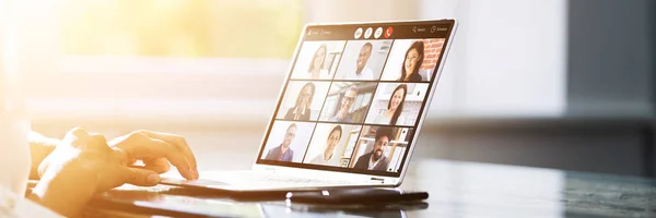 Videokonferenz Webinar Online Call Meeting Auf Laptop — Stockfoto