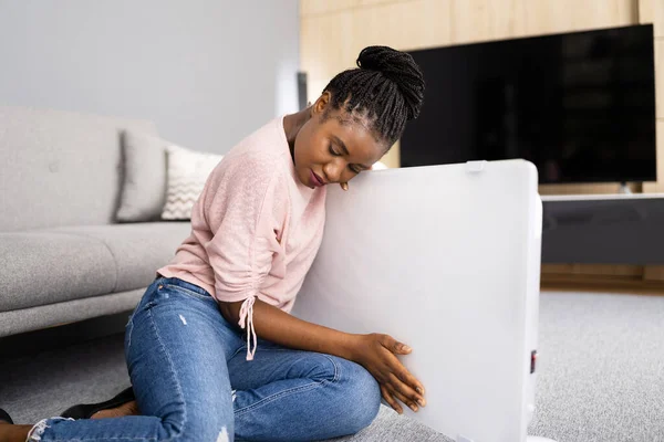 Happy Warm Woman Radiator Heat Comfort — Stock Photo, Image