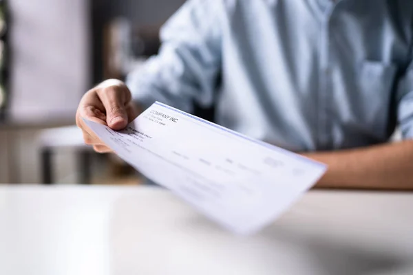 Hand Giving Payment Check Compensation Cheque — Stock Photo, Image