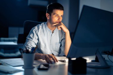 İş Analisti İşadamı Ofisteki Bilgisayarda Geç Saatlere Kadar Çalışıyor