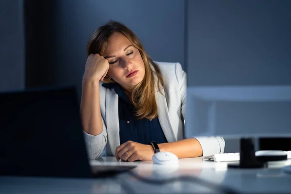 Lazy Exhausted Woman Sleeping In Office At Computer