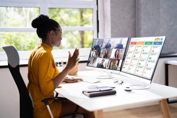 Kanban Board Video Call Femme Africaine Travail — Photo