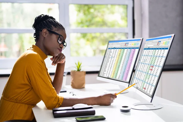 Ongelukkig Verveeld Afro Amerikaanse Vrouw Kantoor Computer — Stockfoto