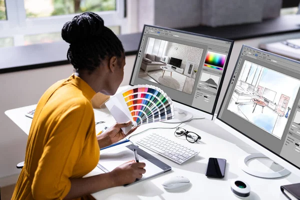 Huset Designer Använda Office Computer Fastighetsdesign — Stockfoto