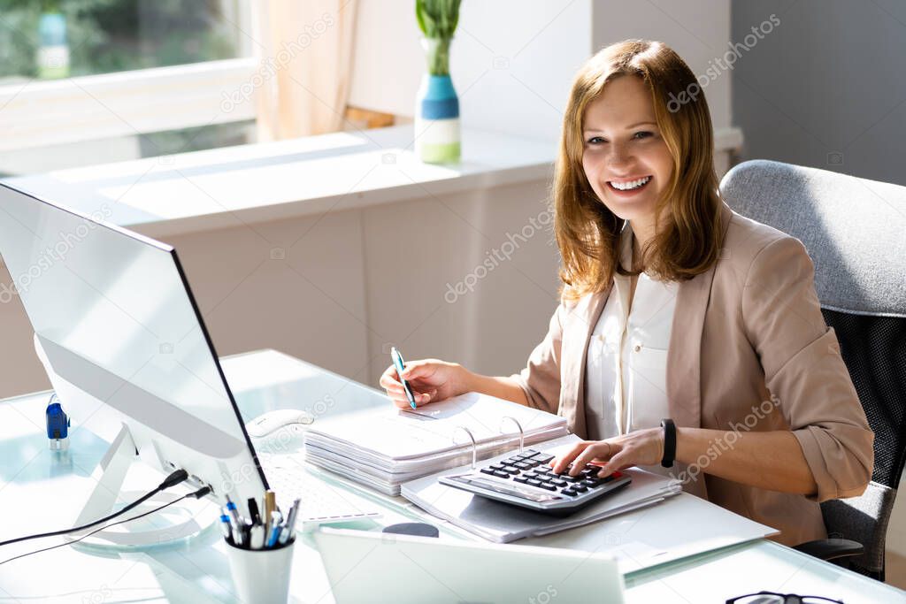 Smiling Accountant Woman. Happy Business Finance Auditor