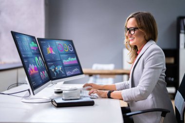 KPI İş Analitik Veri Kontrol Paneli. Analizci Bilgisayar Kullanıyor