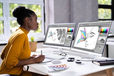 African Designer Woman Working On Computer Screen clipart