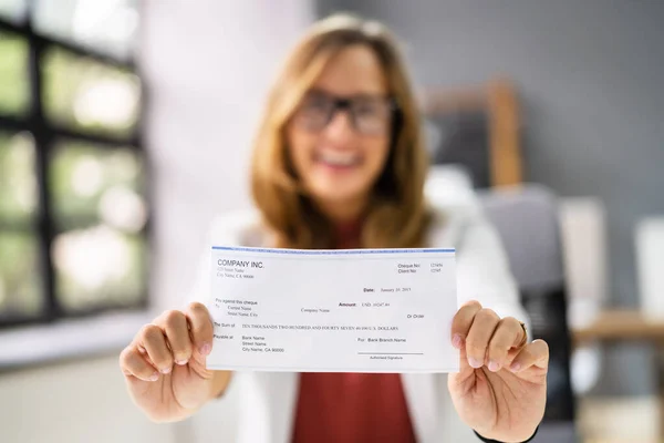 Holding Paycheck Payroll Check Insurance Cheque Hand — Stock Photo, Image