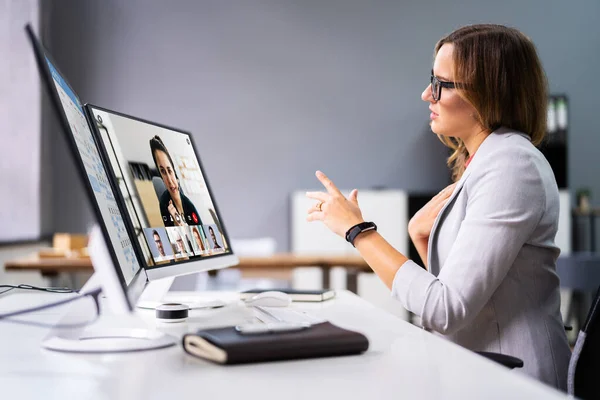 Virtual Conference Agenda Multiple Computers Office — Stock Photo, Image